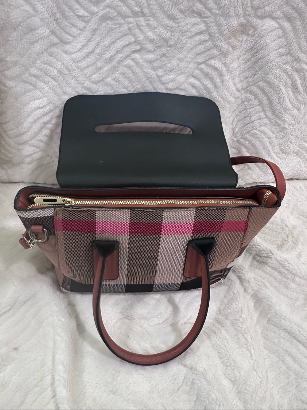 Burberry Brown Leather & Check Satchel with Top Handles - Picture 5 of 15